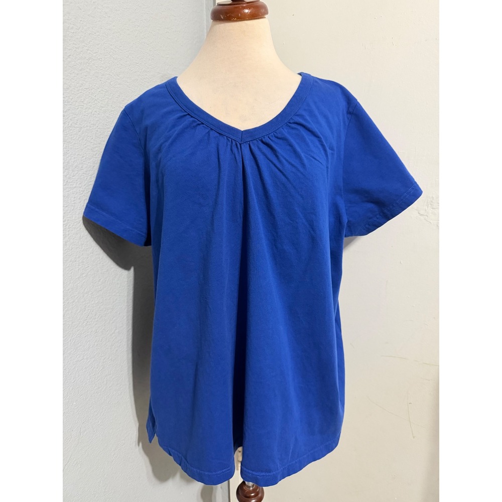 100% Cotton Woman Within Royal Blue 1X 22/24 Tee Petite Shirred VNeck Minimalist